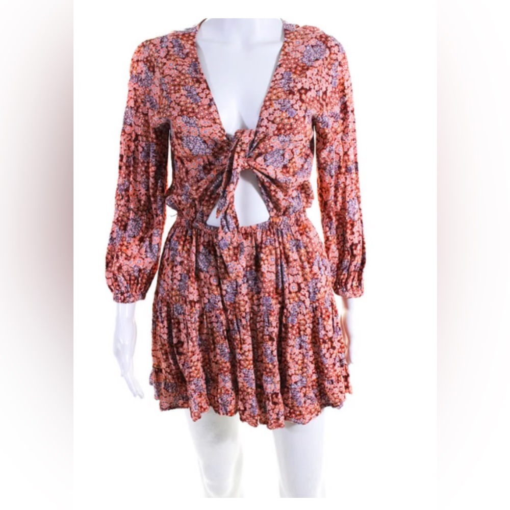 L Space Womens Tie Front 3/4 Sleeve Floral Mini Dress Red Orange Size S